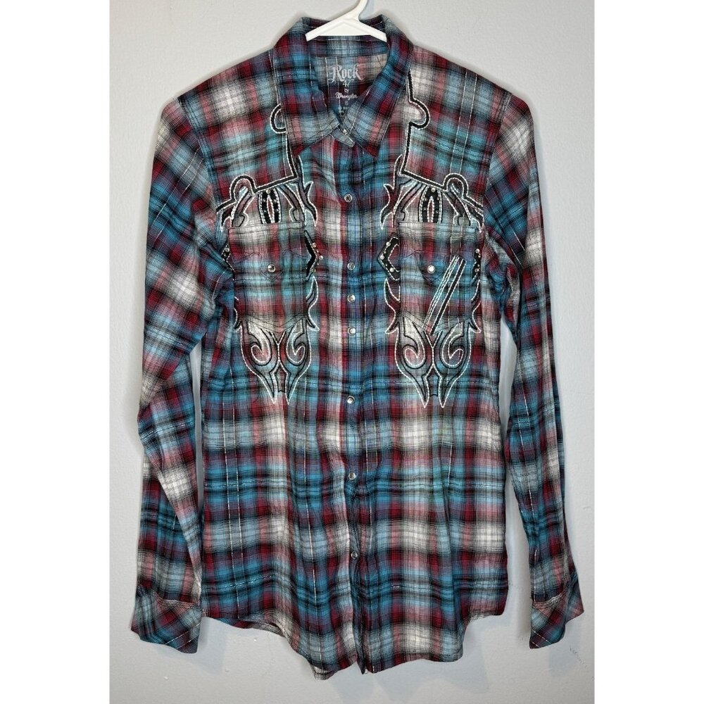 wrangler rock 47 pearl snap shirt Women’s Small Embroidered Long Sleeve Blue Red